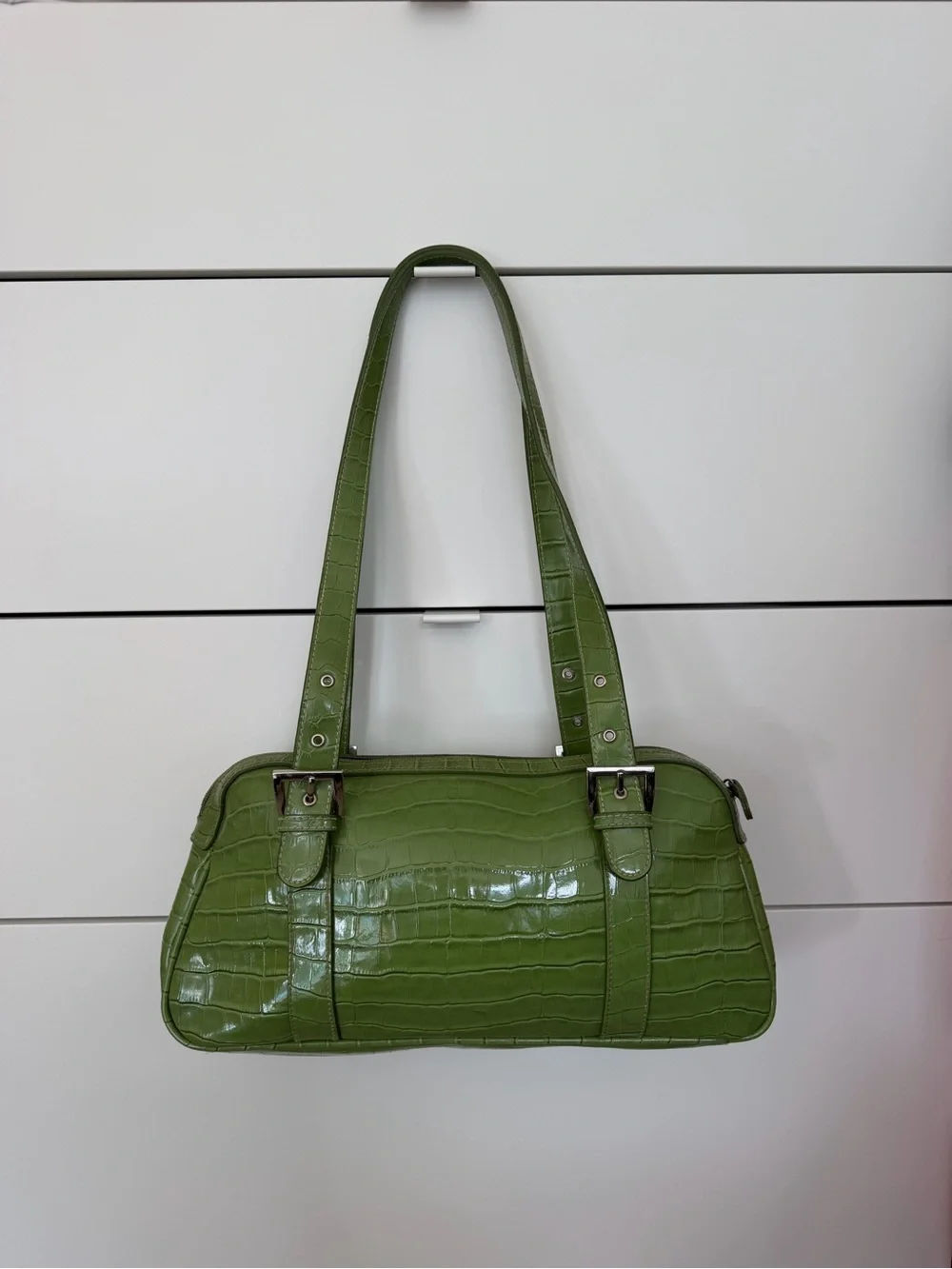 Green Croc-Effect Shoulder Bag